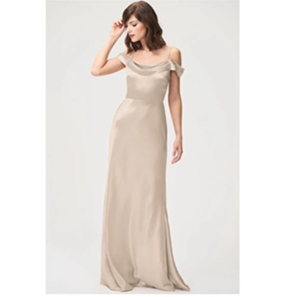 Jenny Yoo Serena Gold Satin Off Shoulder Gown Maxi Dress Bridesmaid Cowl Neck 8